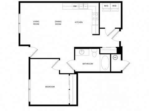 Floor plan for 1 bed, 1 bath, 784 sqft